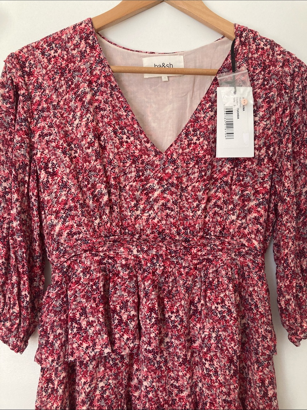 ba&sh Nina Tiered Ruffle Mini Dress Floral Fuschia L - Picture 4 of 16